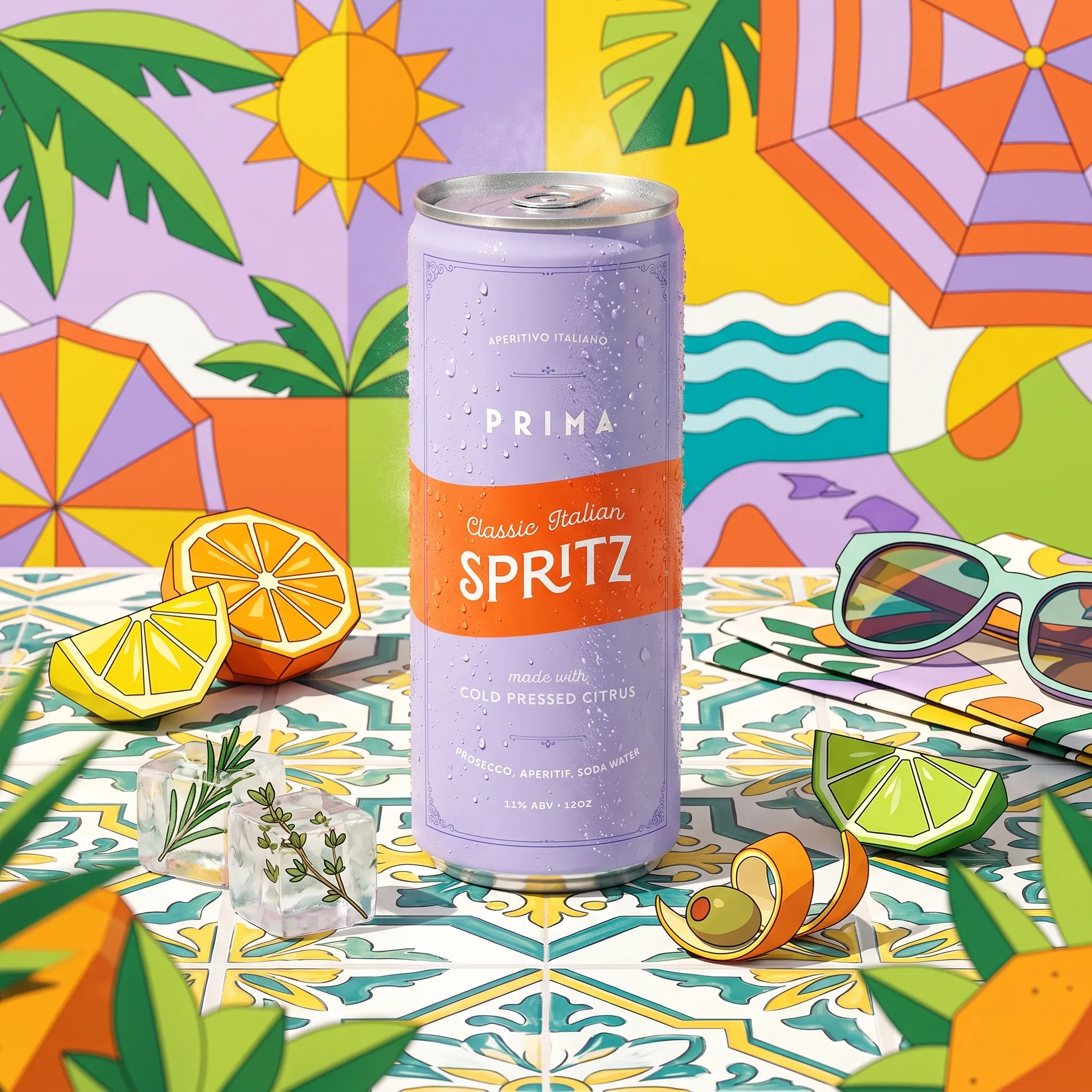 Prima Spritz can in an illustrated Mediterranean scene