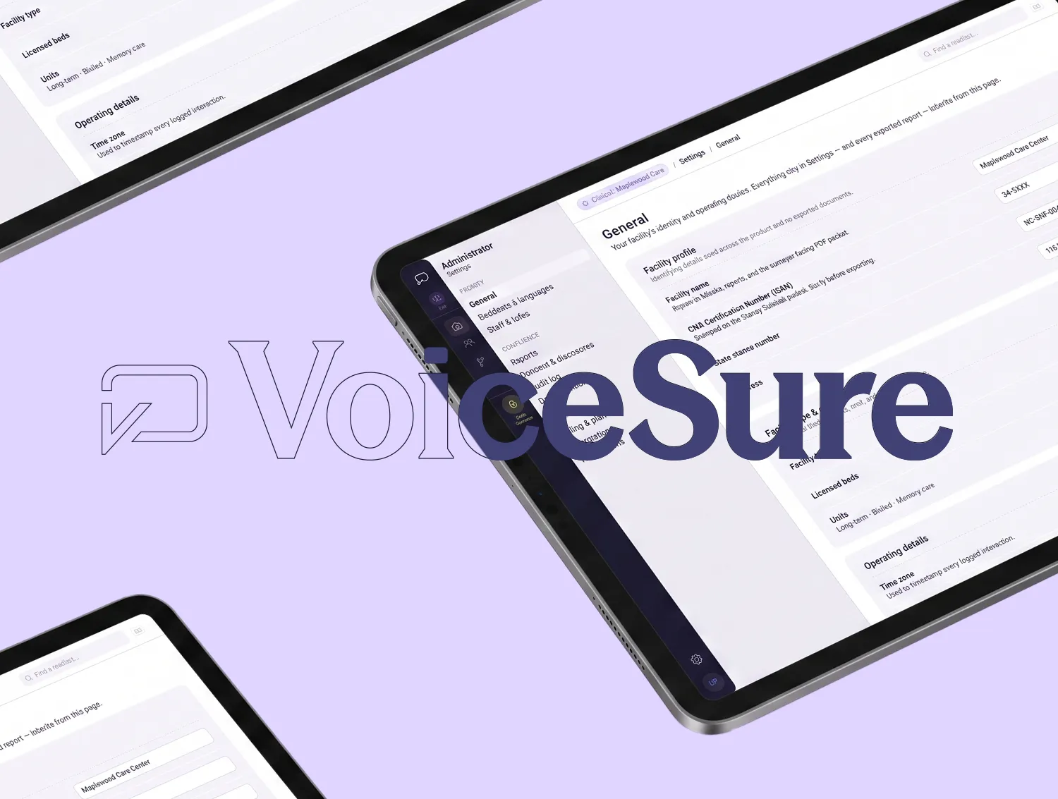 VoiceSure admin settings on a tablet, floating against pale lilac